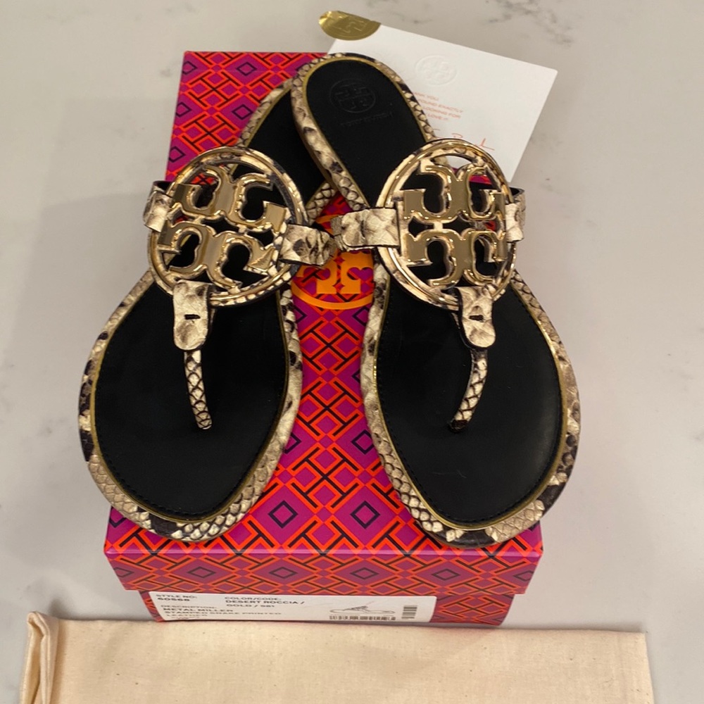 Tory Burch Miller Stamped Snake Printed Leather Sandal, size 10